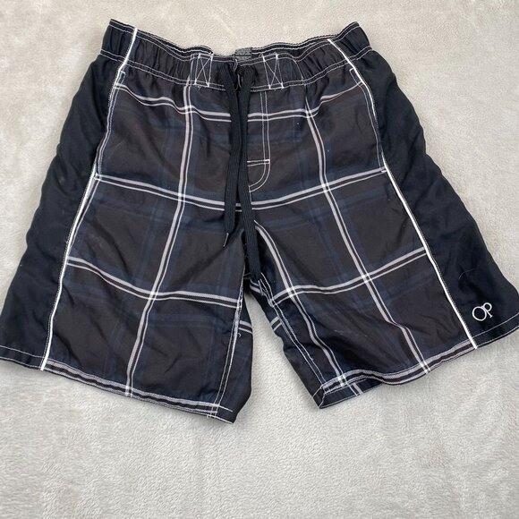 Op Mens Board Shorts Size M (32-34) Black Plaid Polyester Blend Op Logo - Picture 2 of 6